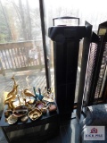 CD holders and Sony disc player, brass items; candleholders, book ends, dolphin statue