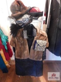 Mink stole, mink hat, ladies evening coat, scarves and handbag