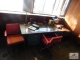 Metal desk, matching chairs and contents