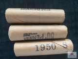 Lot of (3) rolls of 1950 Wheat Pennies, (56) Indian Head Cents, (44) Steel Wheat Pennies