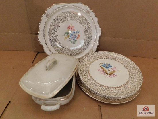 Ironstone Dish With Lid, Queen Anne Serving Plate, And Gold Trimmed Plates