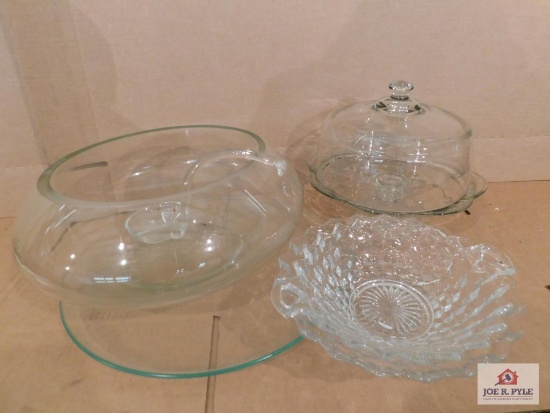 Fostoria 3 Footed Bowl And Handled Dish, Large Glass Punch Bowl W/ Glass Ladle, And Cake Plate