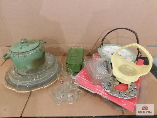Collection Of Glassware- Gold Trimmed Serving Plate, Vaseline Glass Server With Lid, Baskets, Pot