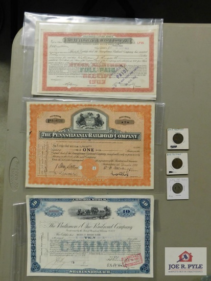 The Pennsylvania Railroad Company Stock Certificates With B&O R.R. Tokens And A Pittsburgh R.R.