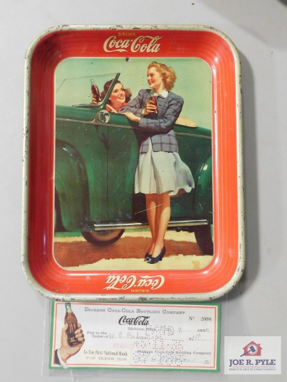Vintage Coca-Cola Tin Tray With Dickson Coca-Cola Bottling Company Check