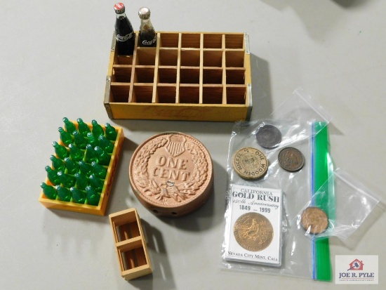 Cast Iron 'One Cent' Coin Bank ; Miniature Coca-Cola Crates