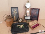Tole Painted Trays And Pot W/ Lid, Wooden Tray And Boxes, And Clocks