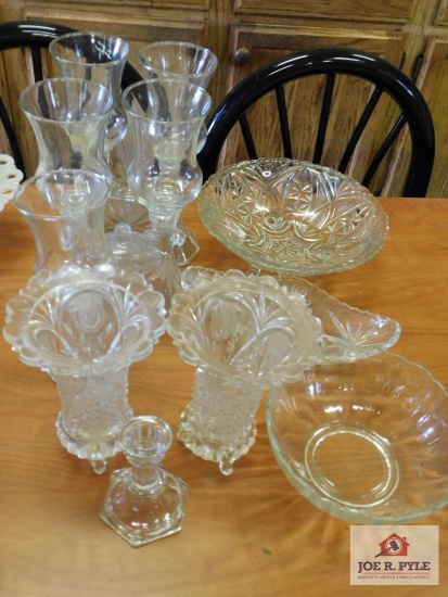 Pressed glass bowls and candle holders