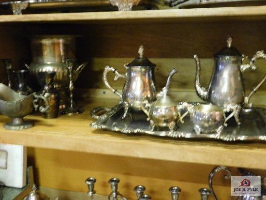Silver-plate tea set tray and ice bucket
