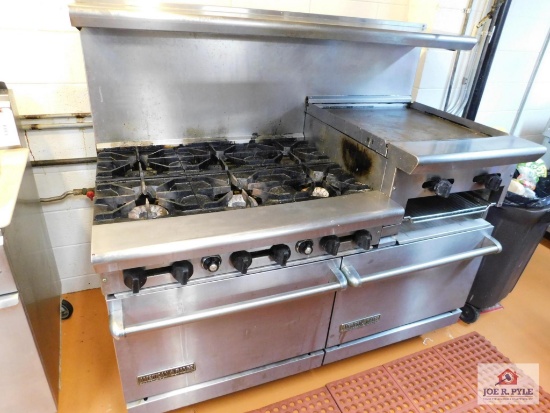 American Range gas stainless steel 6-burner stove with griddle top, double oven and salamander