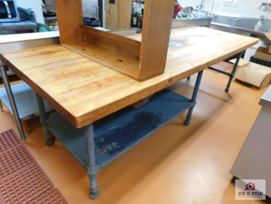 Maple wood Butcher Block top prep table with attached shelving 120x42x36