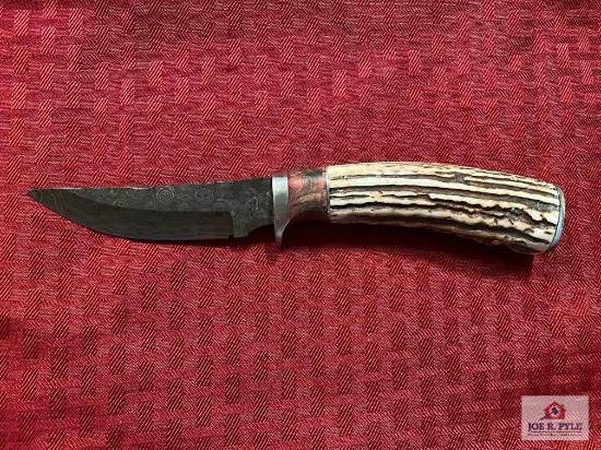 [SKU: 102044] custom knife with Damascus blade and antler handle- stamped HK DERR
