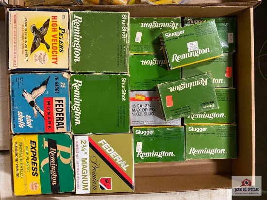 [SKU: 102184] flat of 16 ga shotgun ammo- full/partial boxes, some slugs