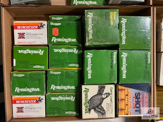 [SKU: 102185] flat of 20 GA shotgun ammo-full/partial boxes, some slugs