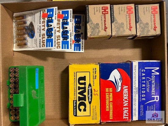 [SKU: 102224] flat of .44 MAG and 9 MM+P ammunition- full/partial boxes