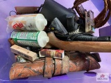 [SKU: 102009] large lot of misc. sporting goods- Ruger 77 stock, leather scabbard, game calls