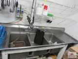 3 bowl stainless steel drop-in sink w side boards on wooden rack approx. 9ft long