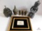 Brass figurines made in Hong Kong, small frames, engraved porcelain palace and Hindu figurine