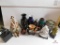 Teapot w/ brass handle, vases, figurine & cast metal statues