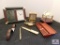 Desk items: wooden pen & pencil set, folding magnifying glass & rotating clock