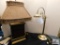 Brass lamp w/ fancy glass shade and faux leather lamp