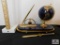 Gold-tone desk set of world globe w/small clock, knife and letter opener