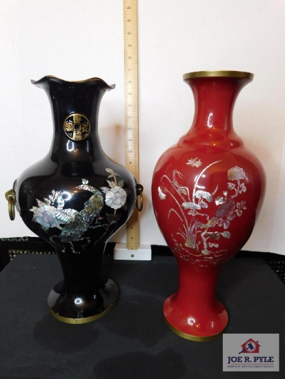 2 Enamel vases w/ mother of pearl decorations