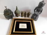 Brass figurines made in Hong Kong, small frames, engraved porcelain palace and Hindu figurine