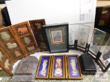 Small decorated screen, carved vases & pressed metal letter box