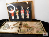 2 Silk embroidered pictures w/ silk & lady picture