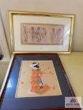 Japanese lady in silk & framed picture of Geisha ladies
