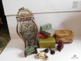 Silk boxes, painted pressed tin box, decorated items and oriental figurines