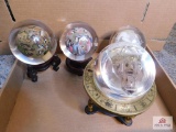 Brass stand w/ carved glass globe, blown-glass globes w/ hand-painted globe in center