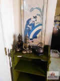 Book case w/ figurines & teapot & leaded-glass framed Geisha