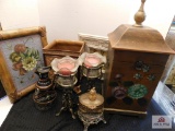 Tole painted wooden box, candleholders, painted tin picture, trinket box and lovebirds in a cage