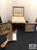 Cast metal foot stool, Bellows shadowbox pictures by Anton Pieck
