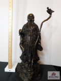 Asian bronze man w/ cane with dragon