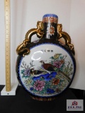 Decorated doubled handled dragon vase w/ peacocks decorated w/ gold