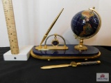 Gold-tone desk set of world globe w/small clock, knife and letter opener