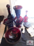 Avon ruby bell, vase, cruets and bowls