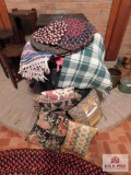 Hand stitched pillows, braided chaise covers and rag rugs