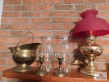 Brass candlesticks, lamp and small scuttle