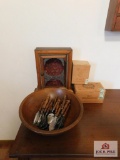 Wooden bowl and cutlery and cigar boxes