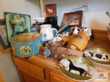 Tins, collectable plate, pictures, cow creamer