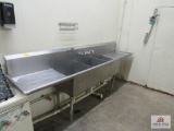 stainless steel sink 3 bowl w backsplash approx. 20 inches wide, 104 inches long, 35 inches tall