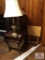 Lot modern end table, pair of lamps, box yarn, tray table