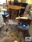 Lot pressed back oak chair, blue glass end table, and wood end table