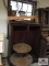 Lot wood bookcase(no shelves), 2 tier table, funeral baskets, etc.