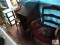 2 wood chairs, runner rug, podium