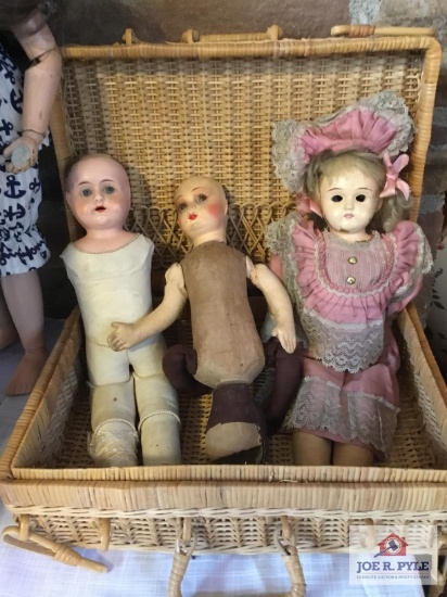 Lot 2 metal head dolls and a topsy-turvy cloth doll